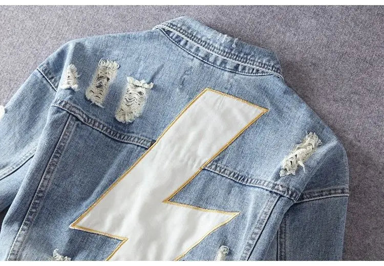 Men's Embroidered Denim Jacket - Retro Ripped Street Style
