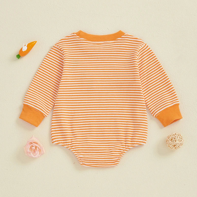 Baby Easter Romper - Stripe Rabbit Carrot Embroidery Long Sleeve Bodysuit