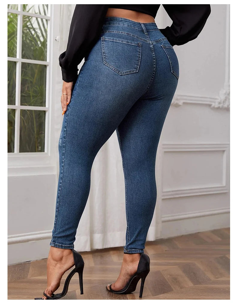 Plus size Jeans - Women full length high waist stretchy stretchy Jeans