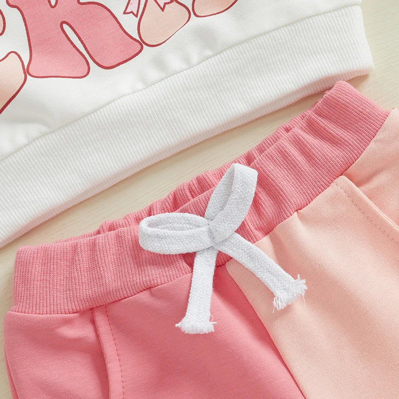 0-5Y Kids Girls Birthday Clothes Set Colour Patchwork Long Sleeve Letter Print Sweatshirt with Pants