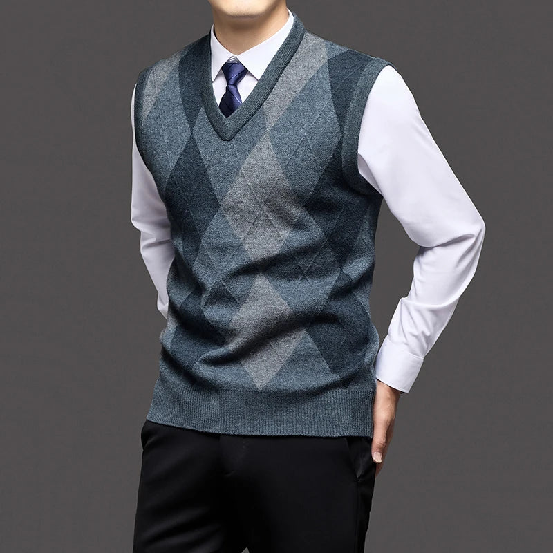 Autumn Winter Argyle V-Neck Knit Vest - Smart Casual Sleeveless Pullover