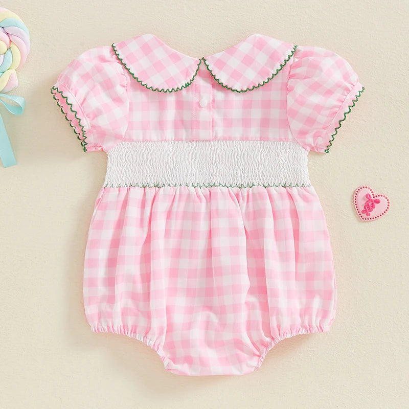 Baby Girls Summer Plaid Romper with Golf Embroidery - Doll Collar Jumpsuit (0-18M)