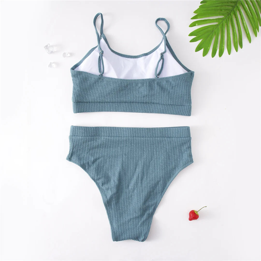 Ribbed Bikini Set - High Waist Two Piece Swimsuit