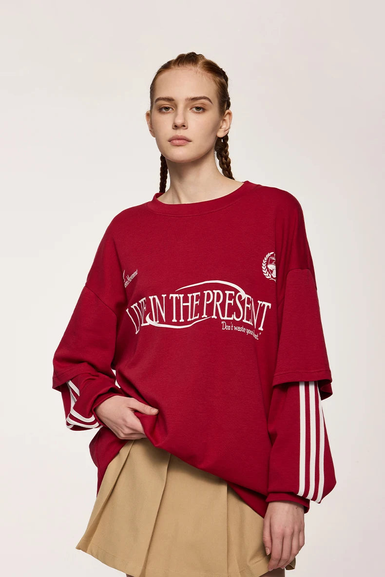 Unisex Retro Double Layer Streetwear Hip Hop Oversized Long Sleeve Sportswear T-Shirt