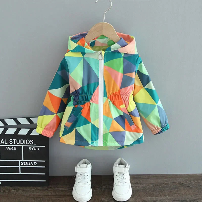 Children's Hooded Geometric Print Butterfly Patch Zipper Pocket Thin Jacket