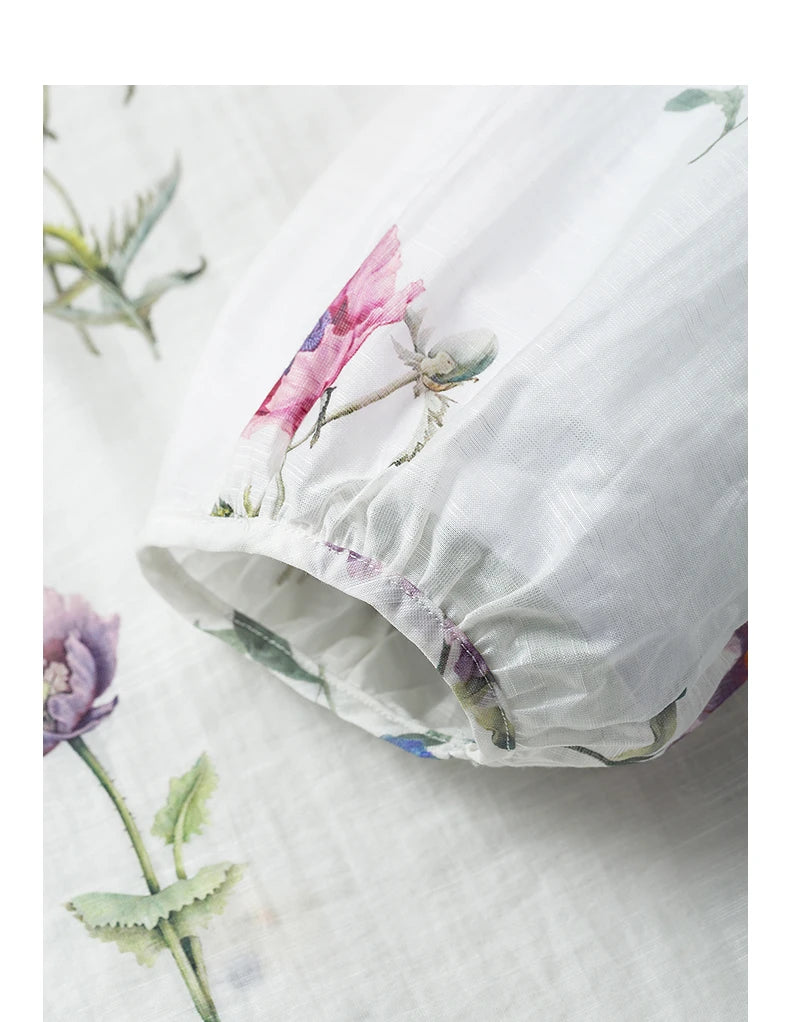 Women's Linen Blend Floral Print Blouse | Lantern Sleeves | O-Neck | Loose Fit | White | Spring Summer