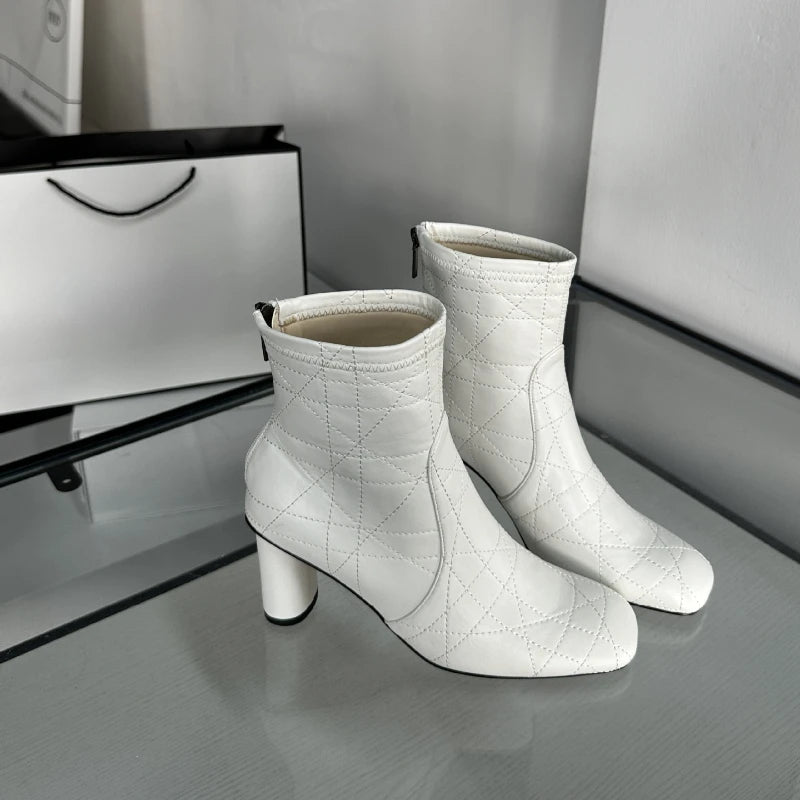 Retro Checkered Ankle Boots - Round Heel with Back Zipper