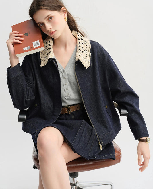 Handmade Crocheted Collar Denim Jacket
