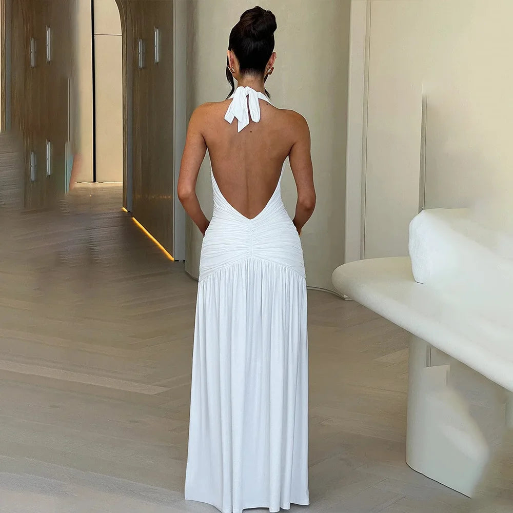 Women's Halter Split Ruched Maxi Dress - Backless Deep V Neck Long Dress