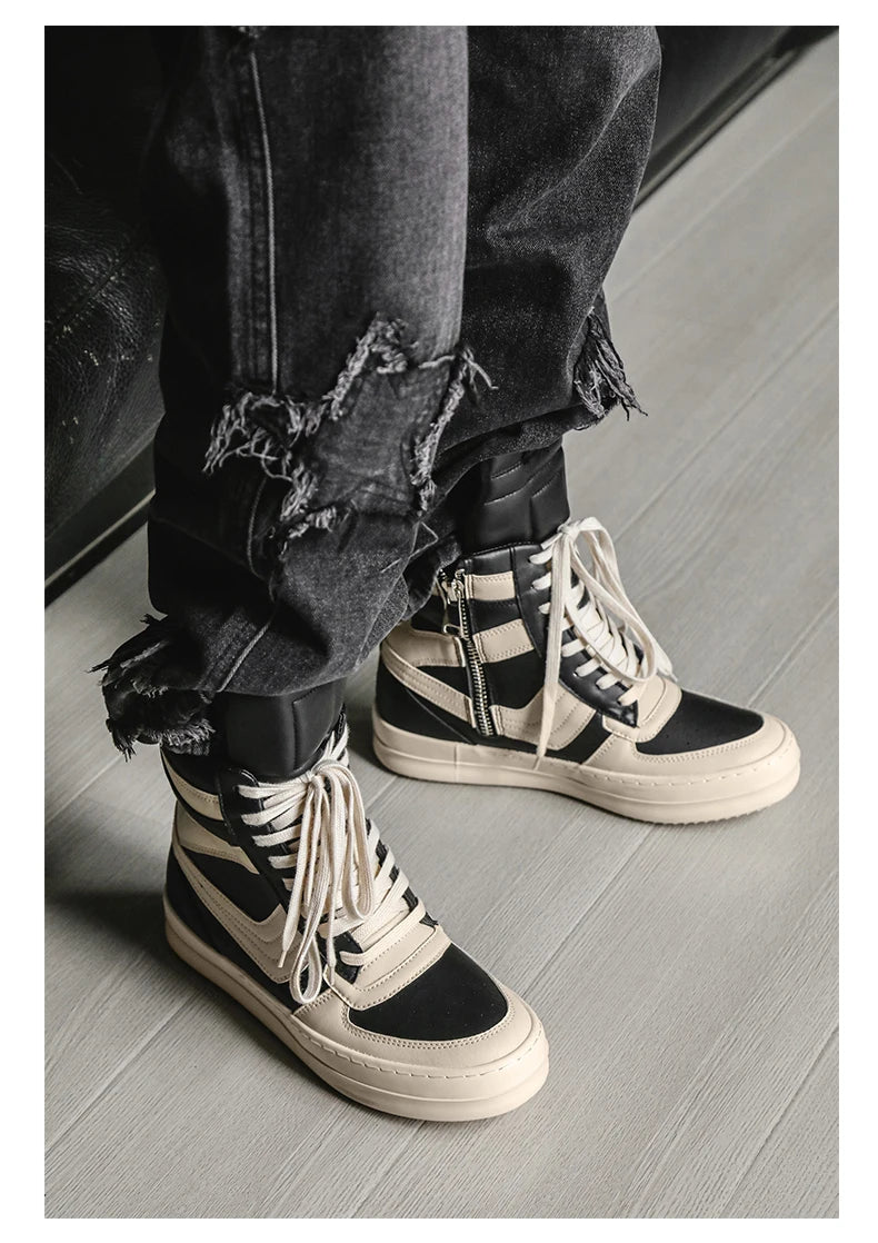 Men's High-Top Leather Sneakers - Lace-Up Ankle Boots