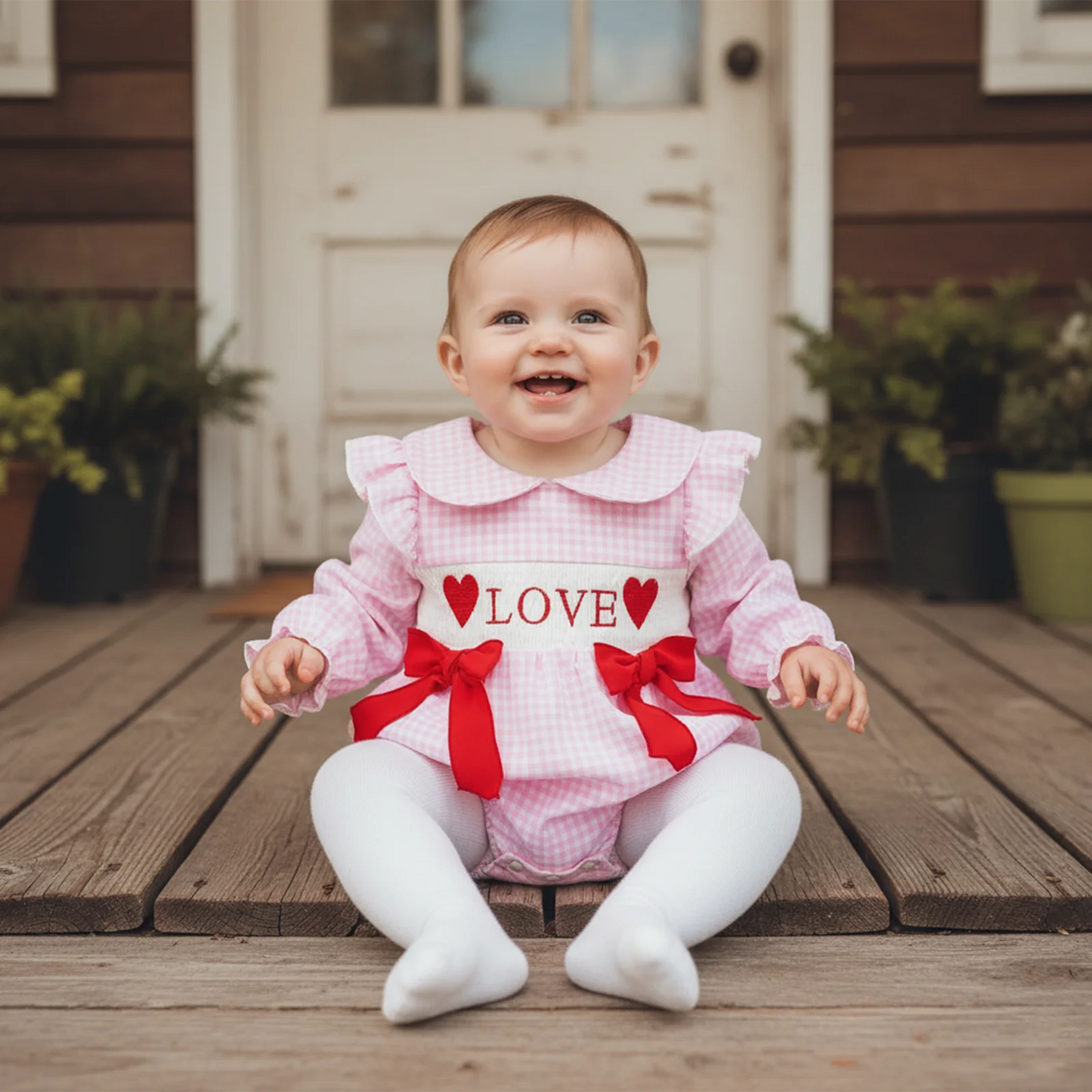 Baby Girls Valentine's Romper - Plaid Embroidered Ruffled Doll Neck Jumpsuit 0-18M