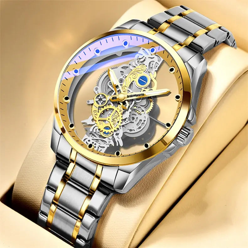 Gold Luxury Watch Men Hollow Creative Leather Man Wristwatch Waterproof Sliver Business Stainless Steel Bracelet Erkek Kol Saati