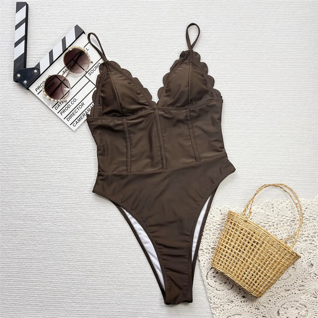 Women's V Neck High Leg Cut Backless Swimwear One Piece Swimsuit