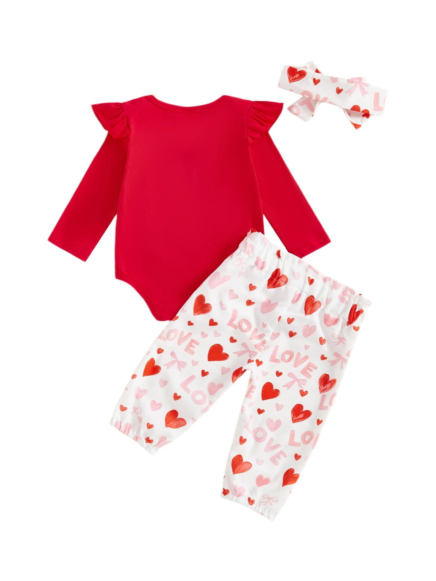 Baby Girls Valentine's Day 3-Piece Outfit Set - Ruffle Romper, Pants & Headband