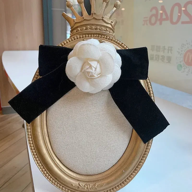 Elegant Fabric Bow Tie Brooch - Camellia Flower Design Collar Pin