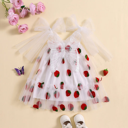 Summer Baby Girls Princess Dress 0-3Y Sleeveless Straps Print Mesh Tulle Sundress with Butterfly Wing