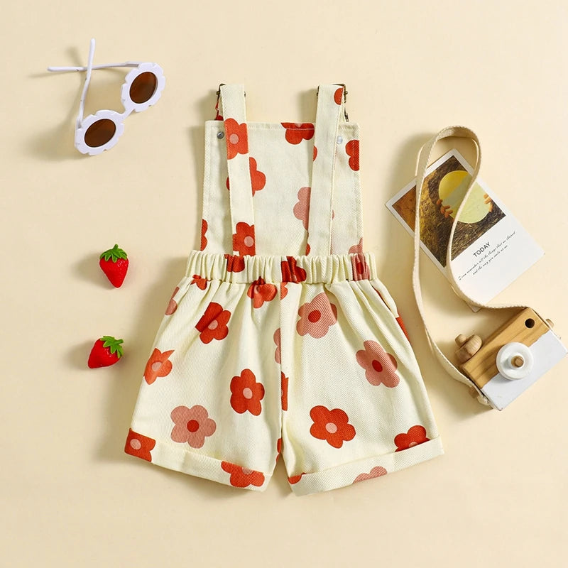 0-6Y Girls Denim Overalls Shorts Sleeveless Flower/Strawberry Print Strap Jeans Suspender Outfit