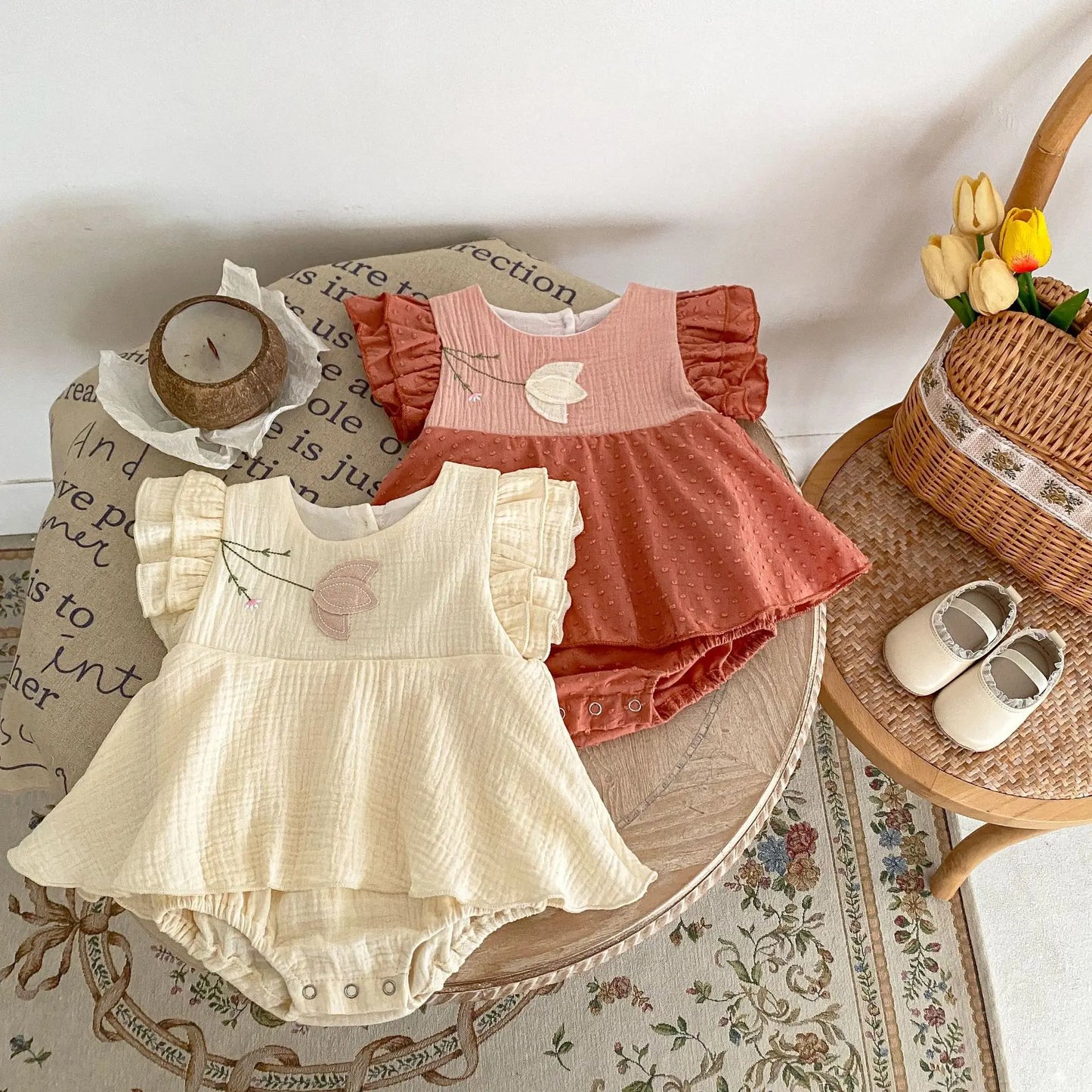 Summer Baby's Girls Tulip Embroidery Girl One Piece Ruffle Sleeve Babygrow Outfit