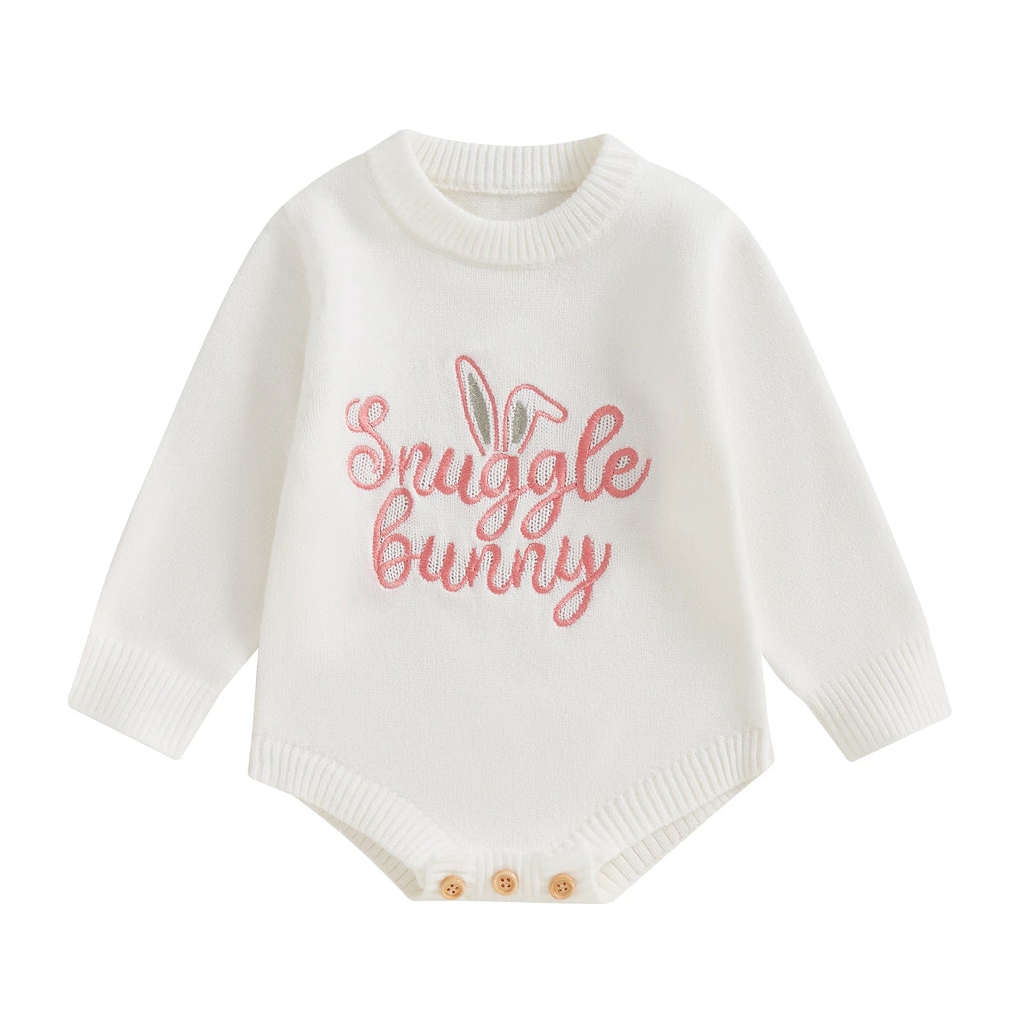 Baby Unisex Knit Long Sleeve Romper | Letter & Rabbit Festival Print | O-Neck | Covered Button | Cotton Blend | All Seasons | 3–18 Months