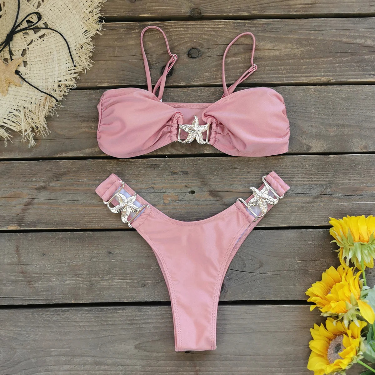 Women's Gold Ring Bikini Swimwear Halter Tie Knot Two-Piece Bikini Set