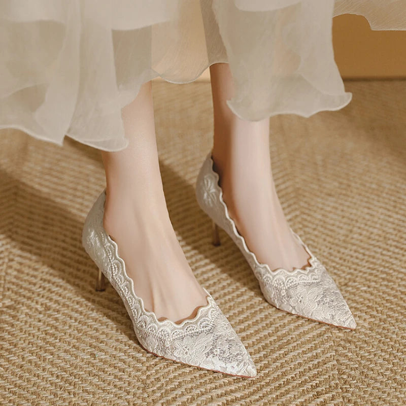 Embroidered Bridal Heels - Pointed Toe Wedding Pumps with 6.5cm Heel
