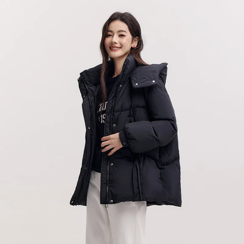 Mid-Length Loose Fit Hooded Down Jacket - Women's Textured Winter Coat