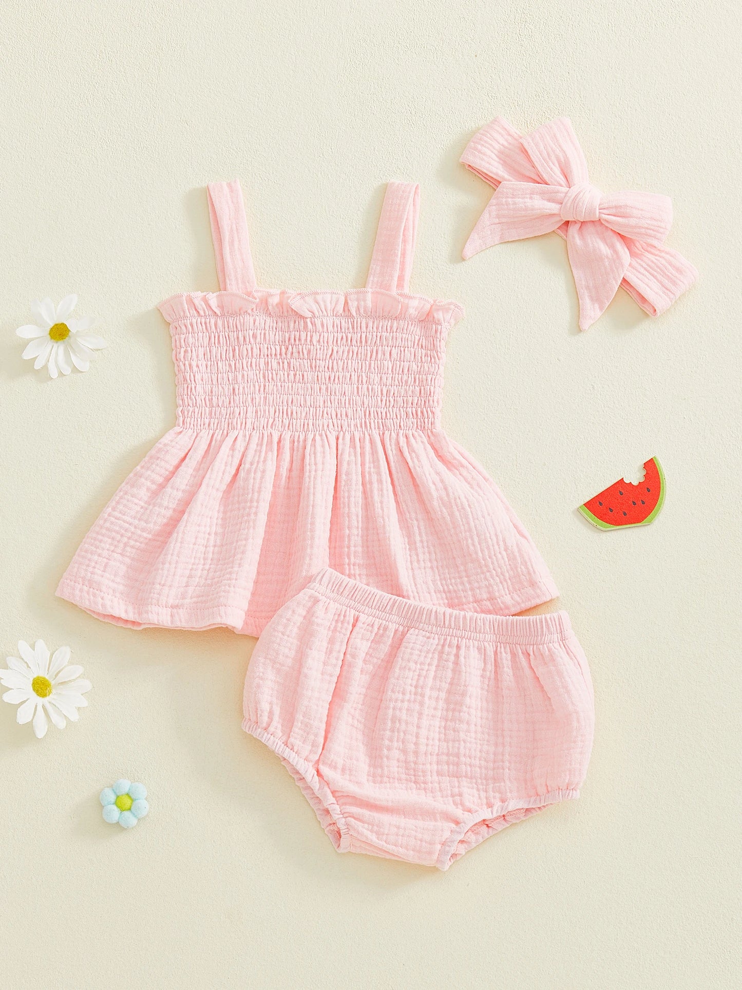 Baby Girls Summer Outfit Set - Ruffled Smocked Top, Shorts & Headband (0-24M)