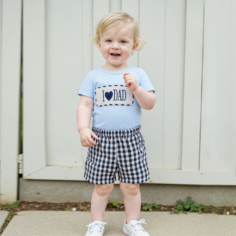 Baby Boys' Father's Day Outfit Set - Letter Heart Embroidery T-Shirt & Plaid Shorts 2pcs