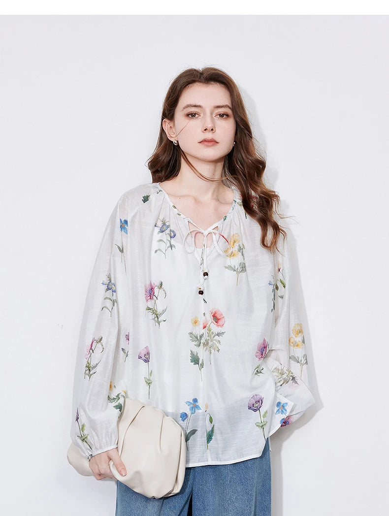 Women's Linen Blend Floral Print Blouse | Lantern Sleeves | O-Neck | Loose Fit | White | Spring Summer