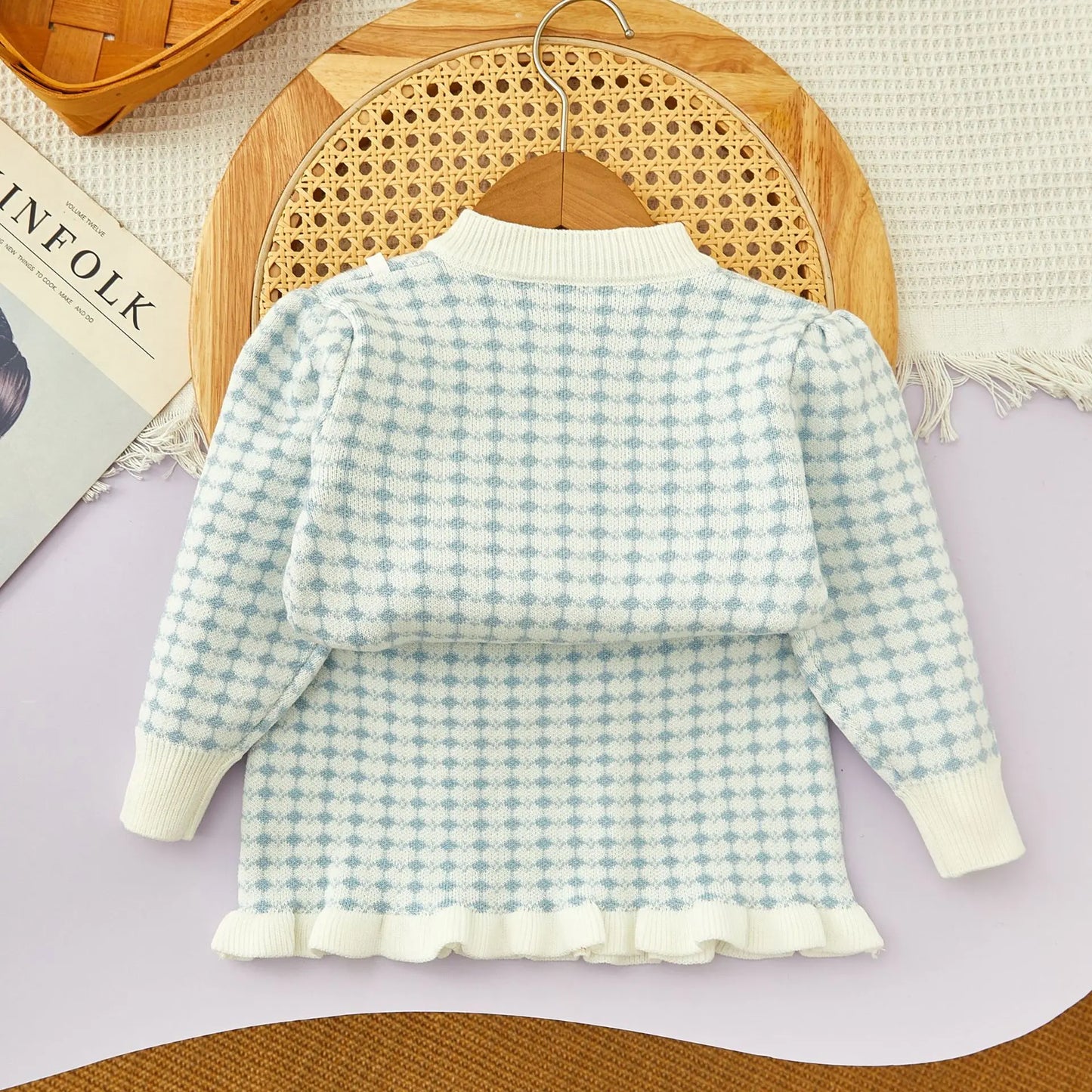 Girls Winter Knitted Cardigan & Skirt Set – Checkered Plaid