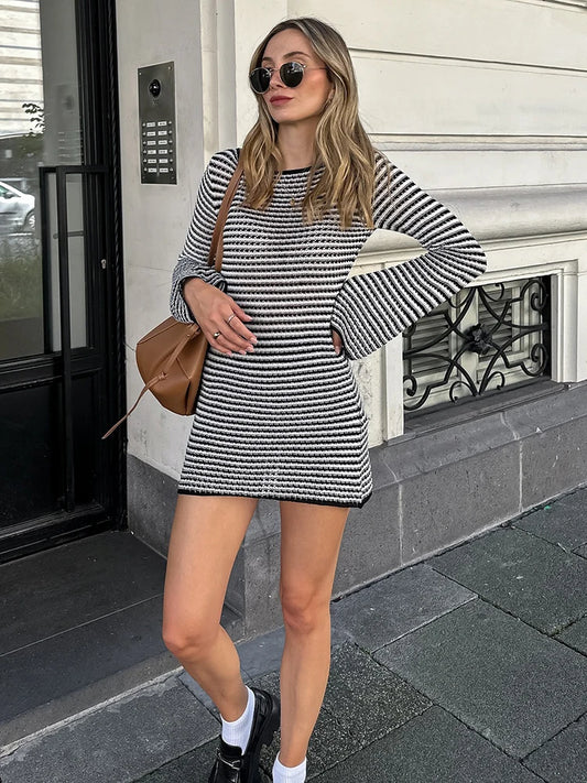 Women's High Waist Flare Sleeves Mini Dress Striped Knit  Bohemian Dress