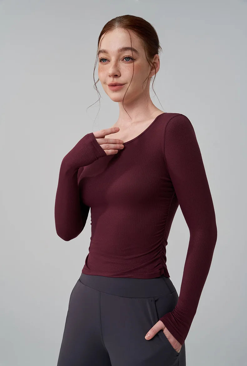 Ribbed Gym Top - Long Sleeve Drape Sides Yoga Shirt with Dry Fit
