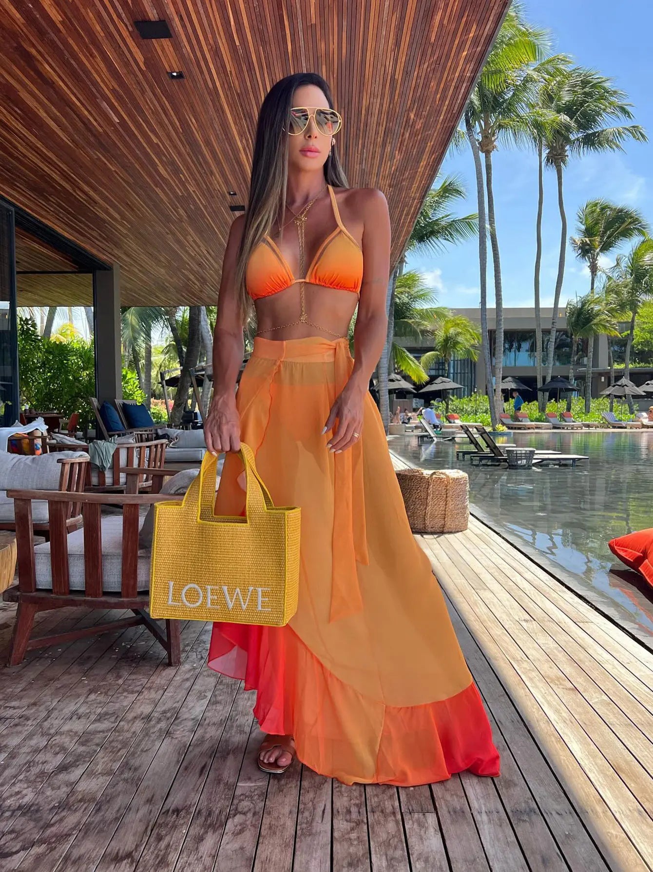 Women's 3-Piece Solid Bikini Set - Padded Bra, Tassel High Waist & Beach Skirt