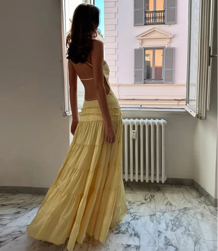 One Shoulder Maxi Dress - Backless Frill Hem Gown