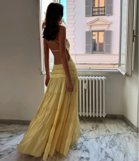 One Shoulder Maxi Dress - Backless Frill Hem Gown