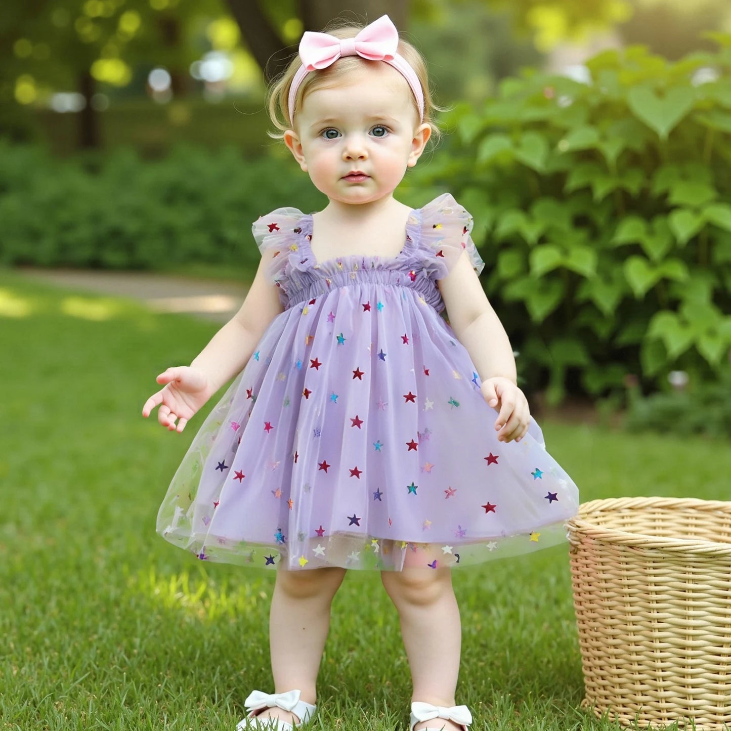 0-4YBaby Girls Summer Dress Glitter Star/Flower Print Fly Sleeve Square Neck Mesh Tulle Summer Dressress