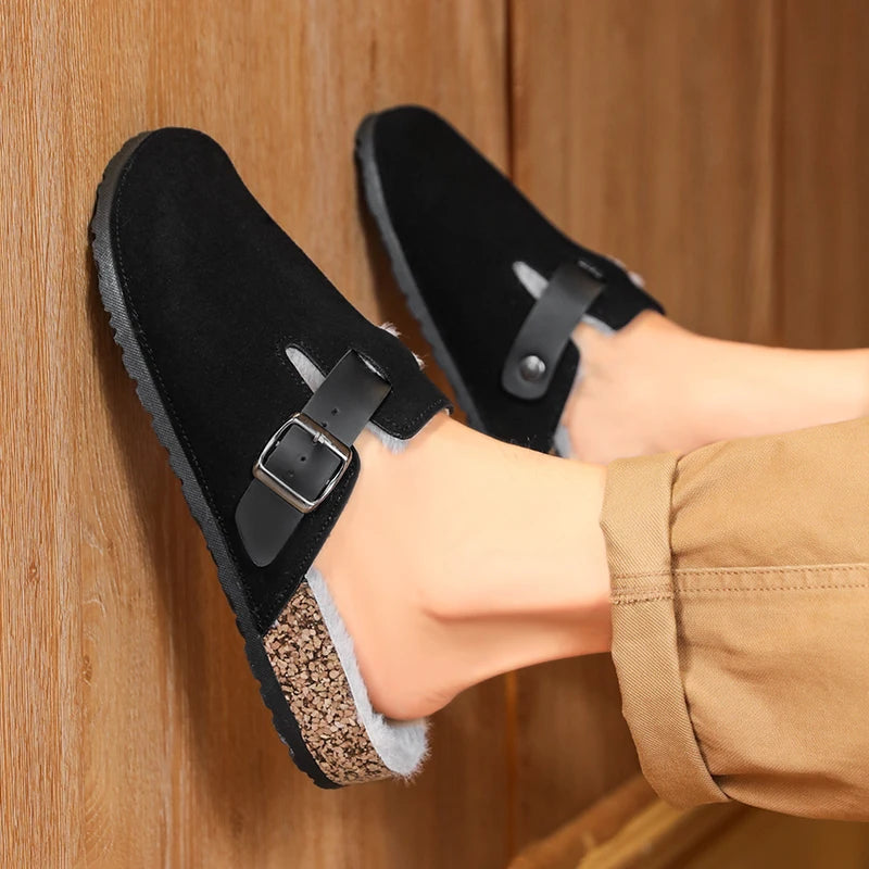 Winter Plush Slippers - Men's Warm Closed Toe Buckle Design Clogs