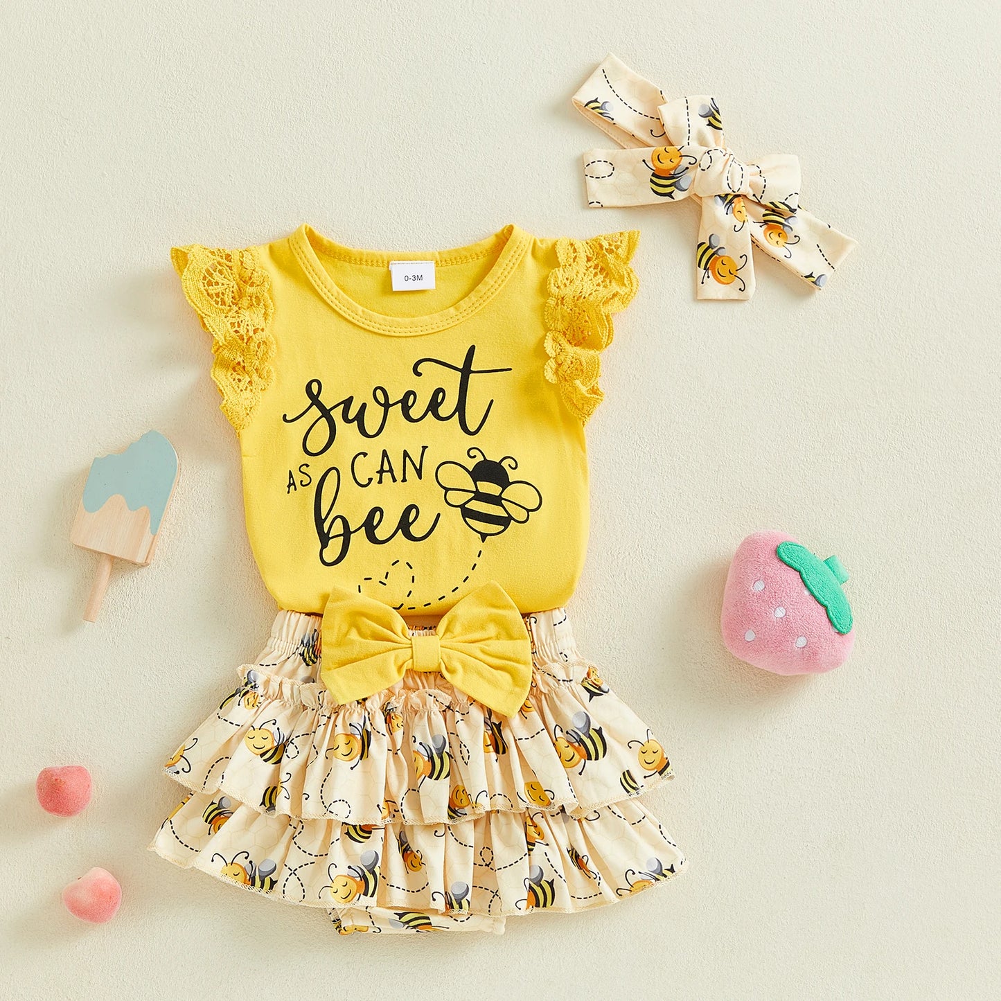 0-18M Baby Girls Summer Clothes Sets Flying Sleeves Letter Fruit Print Romper Tiered Ruffled Shorts with Headband
