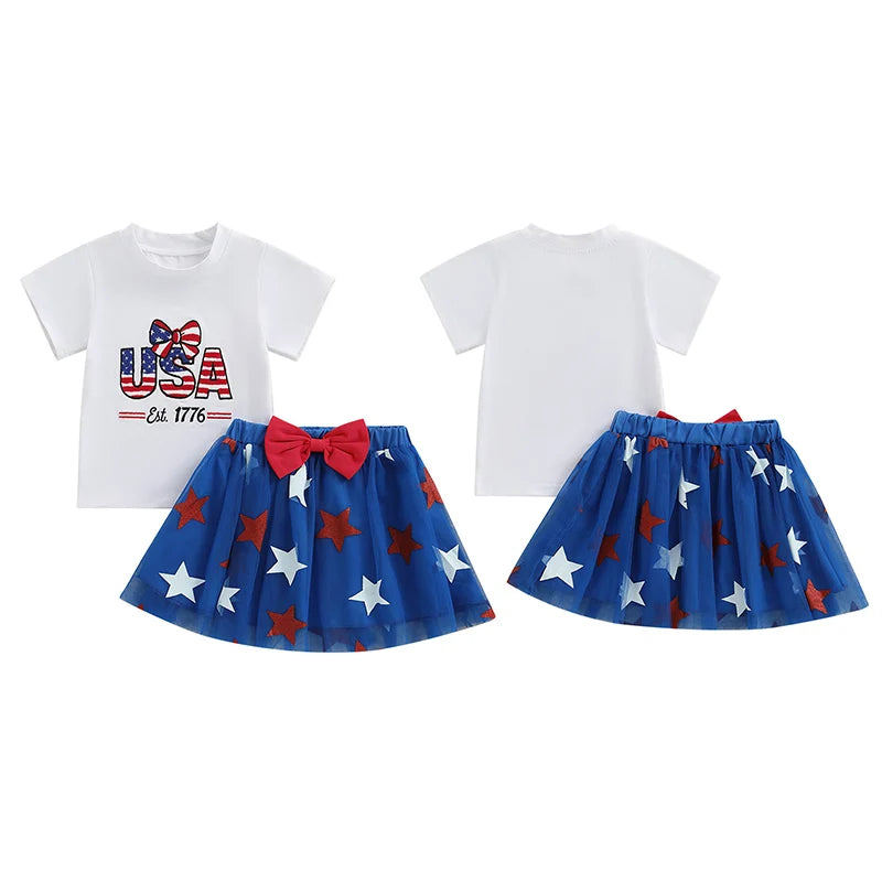 0-4Y Summer Kids Girls USA Clothes Set Short Sleeve Letter Bow Embroidery T Shirts Star Tulle Skirt