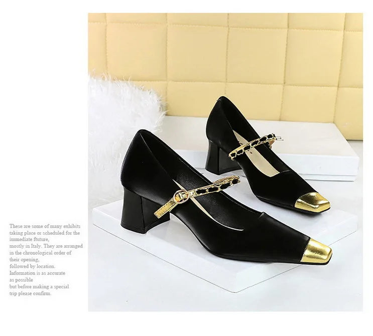 Women's Square Toe Metal Chain Temperament Mary Jane Middle Heel Shoes