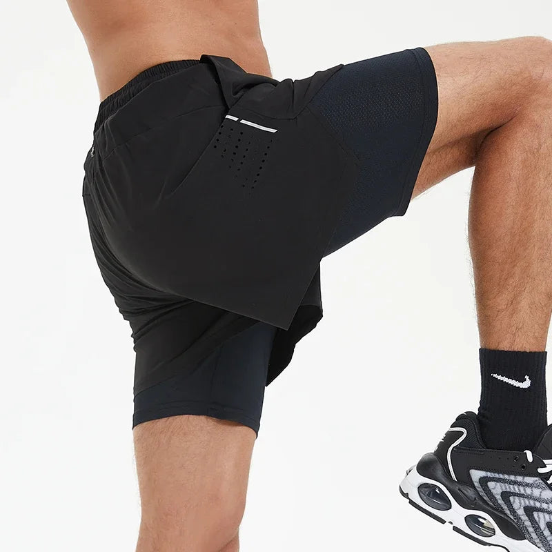 Men's Summer Swim Gym Sportswear 2 in 1 Compression Jogging Shorts Beach Casual Pants Double-deck Bottoms with Zipper Pockets