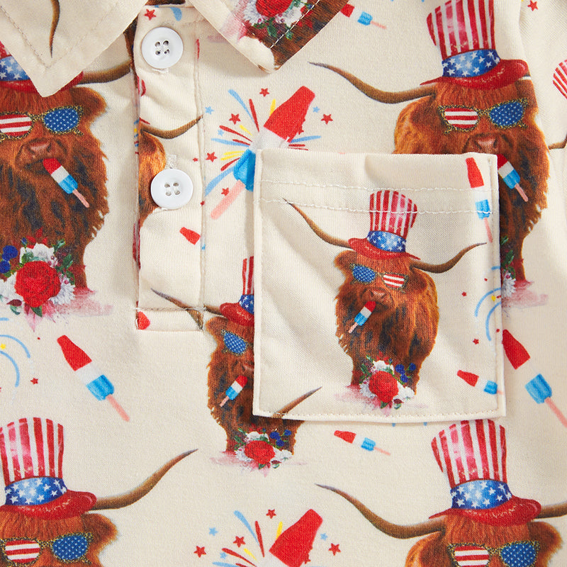 0-4Y Toddler Kids Boys T Shirt Short Sleeve Eagle/Donut/Bull/Fireworks Print Pullover Tops for Independence Day