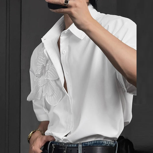 Men Patchwork Lapel Short Sleeve Summer Loose Shirt