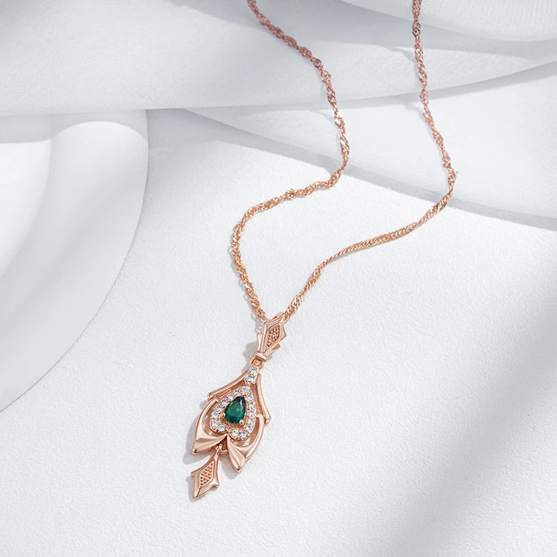 Women's 585 Rose Gold Colour  Crystal Flower Green Natural Zircon  Pendant Necklace