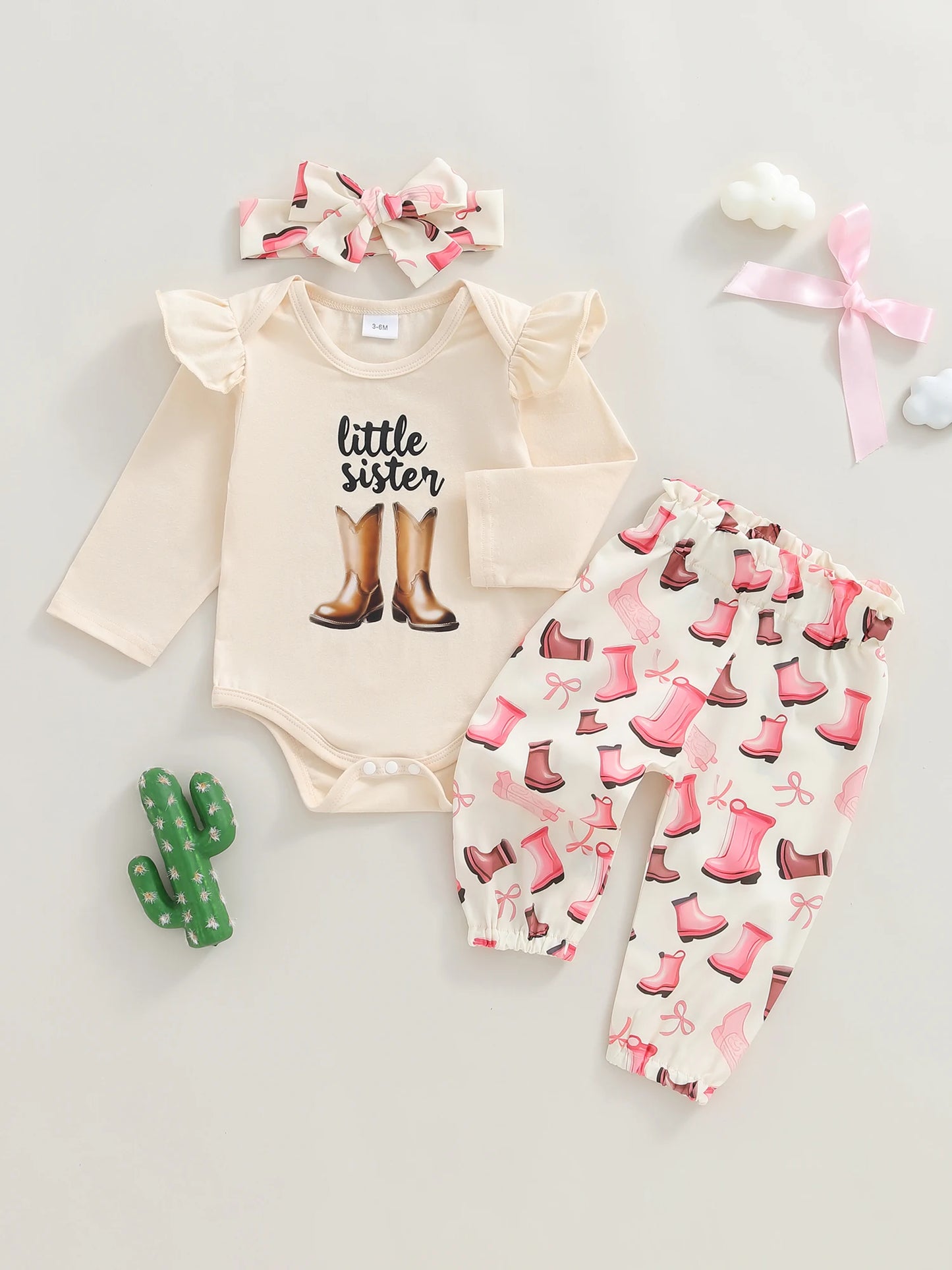 Baby Girls Western Fall Winter Outfit Set - Long Sleeve Romper, Boot Print Pants & Bow Headband (0-18M)