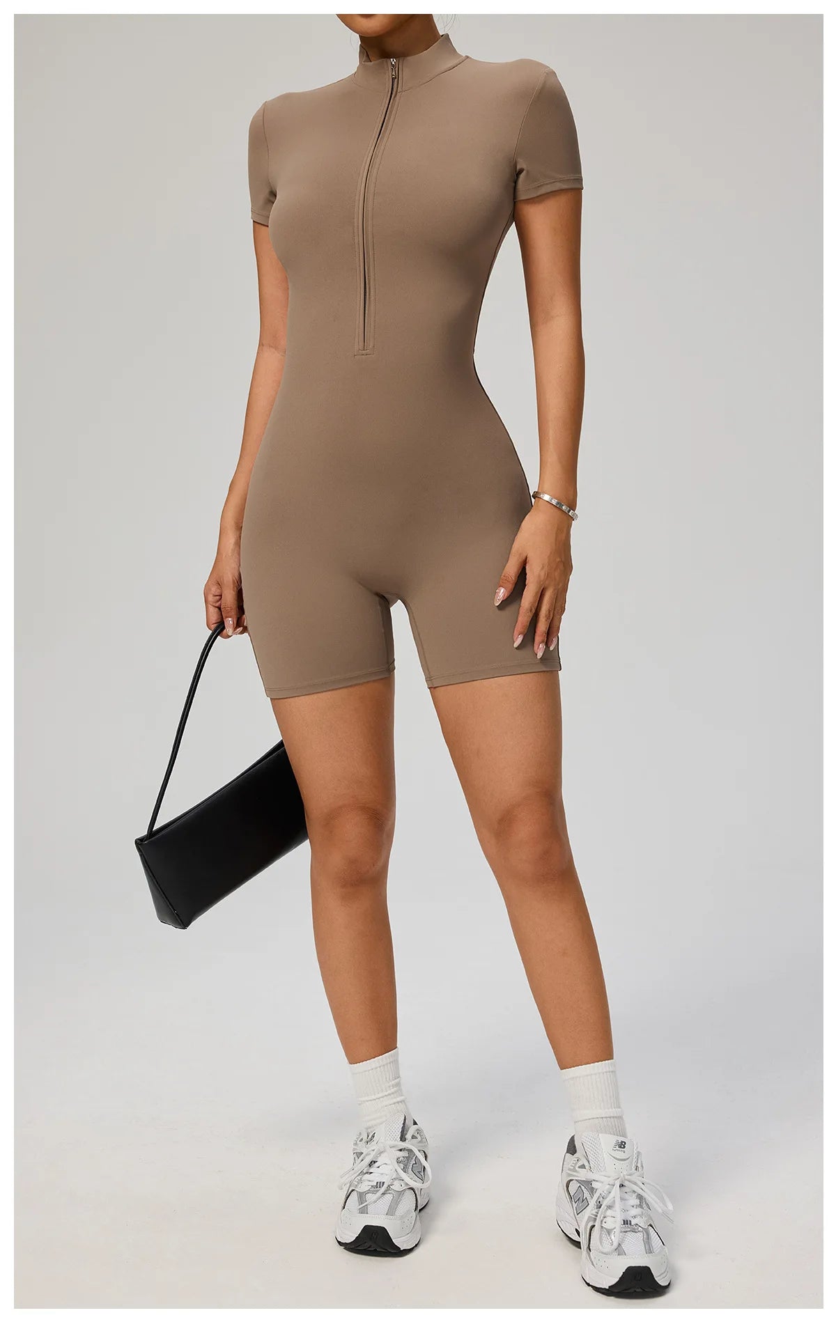 Zipper Front Jumpsuit - Short Sleeve Nylon Workout Set for Gym & Yoga