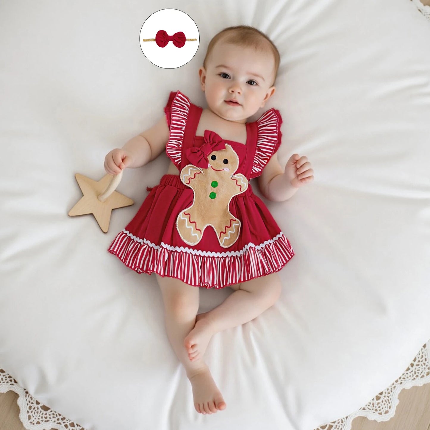 Baby Girls Christmas Romper Dress - Gingerbread Man Flying Sleeve Jumpsuit with Bow Headband (0-18M)