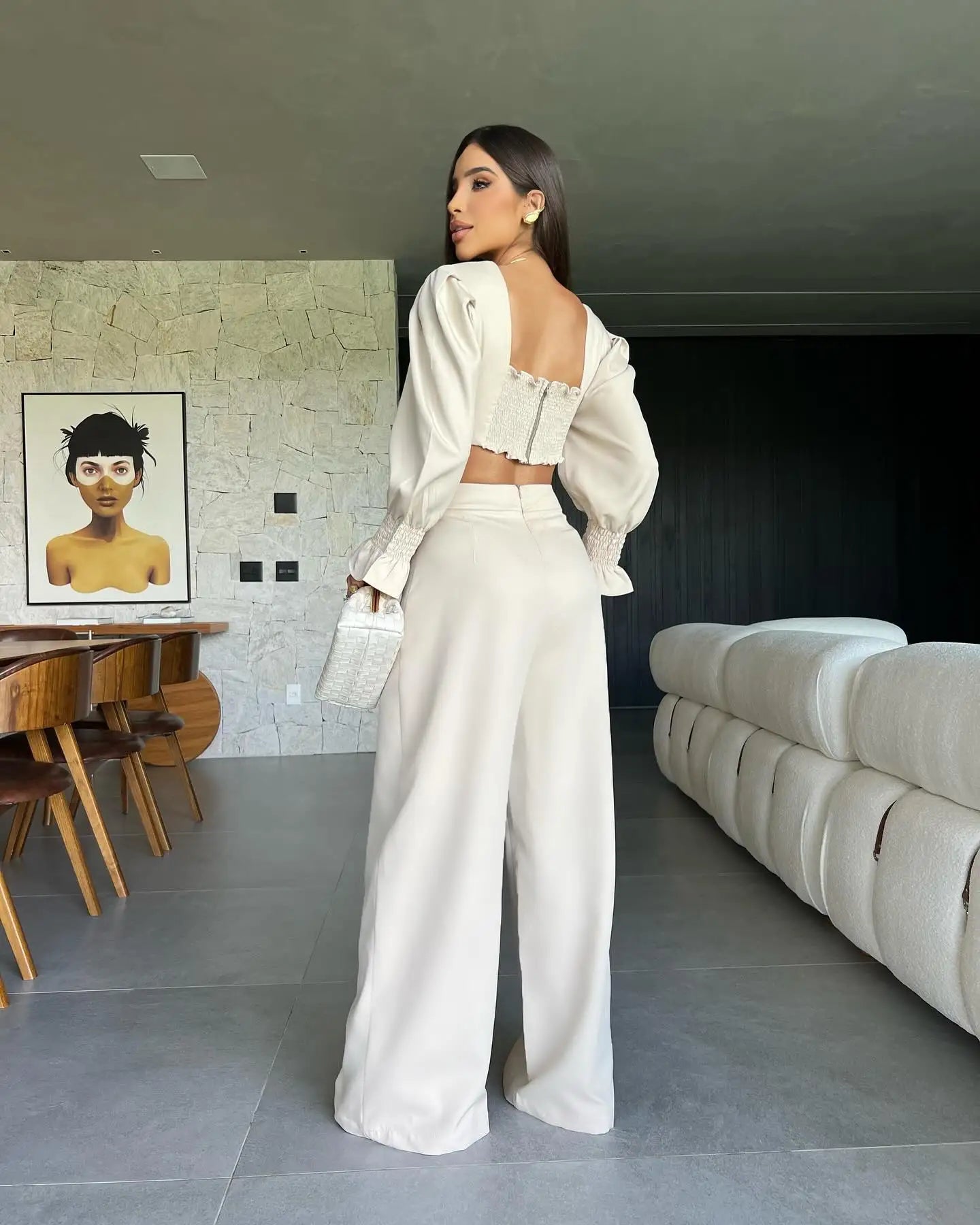 Women's Two Piece Set With Pants Summer Long Sleeve  Short Top Wide Leg Pants Set