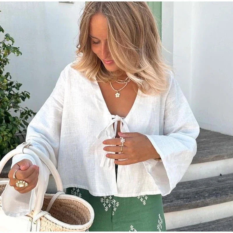 Summer White Lace Up Shirt - Women‘s Elegant Loose Long Sleeve V-neck Blouse