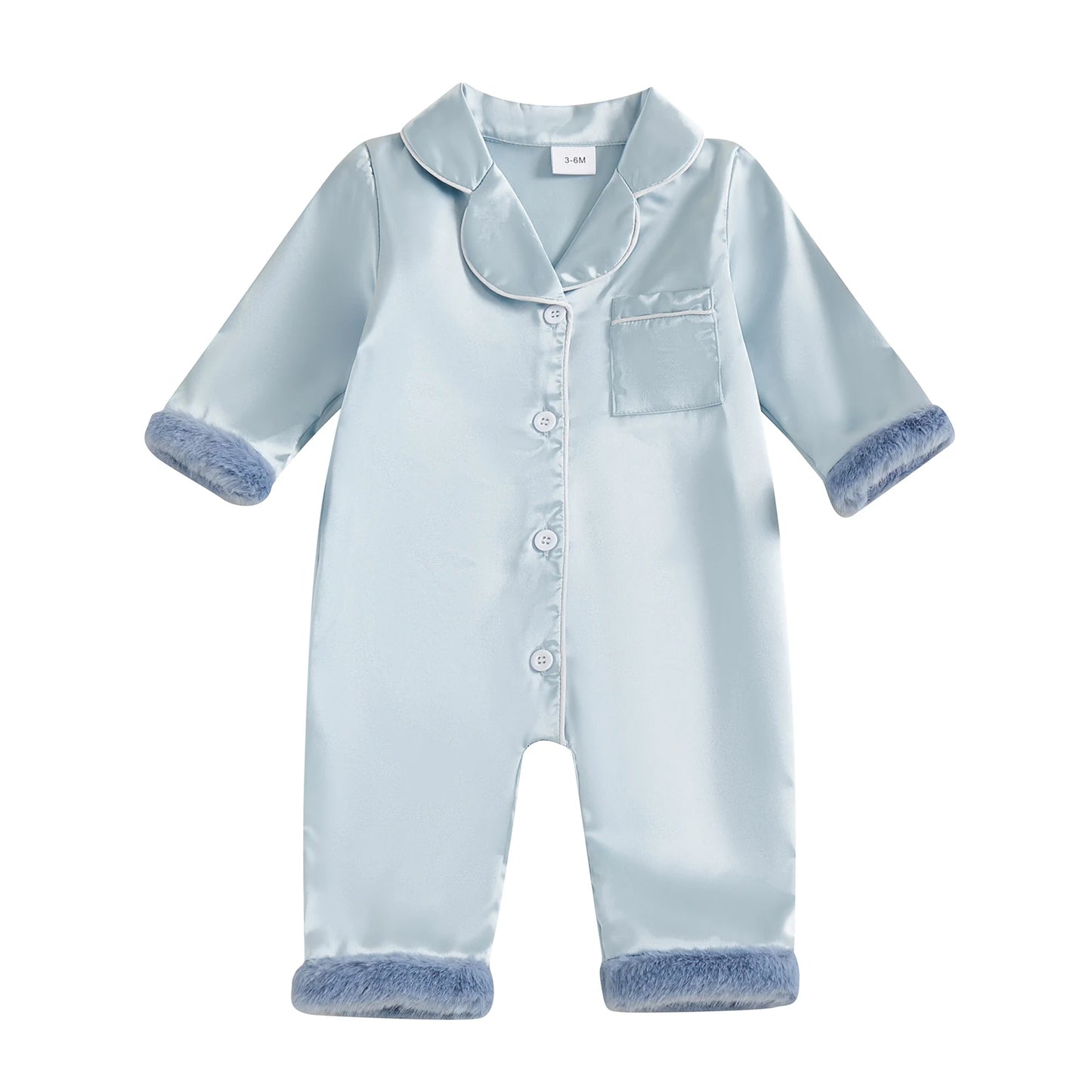 Baby Christmas Pajama Romper - Button Down with Feather Trim Cuffs
